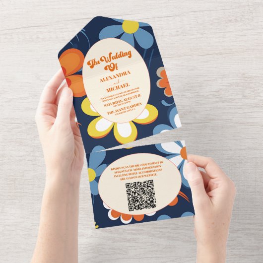 Invitation Tout En Un QR Code Boho Retro Floral Mariage (Déchirure)