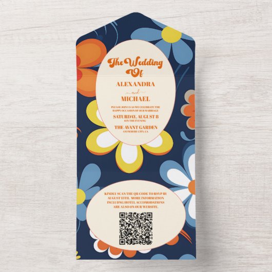 Invitation Tout En Un QR Code Boho Retro Floral Mariage (À l'intérieur)