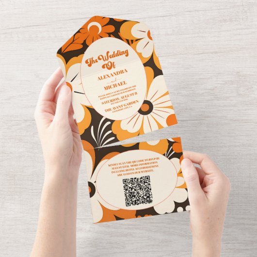 Invitation Tout En Un QR Code Boho Retro Floral Mariage (Déchirure)