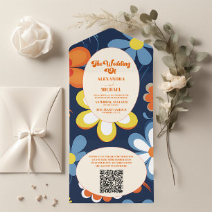 Invitation Tout En Un QR Code Boho Retro Floral Mariage