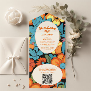 Invitation Tout En Un QR Code Boho Seventies Retro Floral Mariage