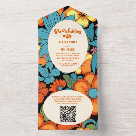 Invitation Tout En Un QR Code Boho Seventies Retro Floral Mariage (À l'intérieur)