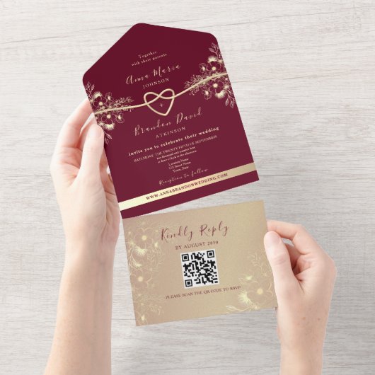 Invitation Tout En Un QR Code Bourgogne Gold Floral Mariage (Déchirure)