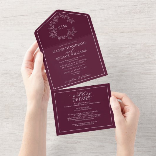 Invitation Tout En Un QR Code Bourgogne Mariage de monogramme de crête f (Déchirure)