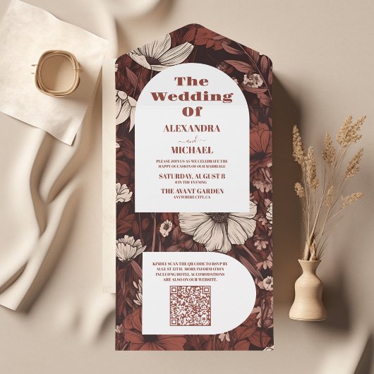 Invitation Tout En Un QR Code Bourgogne Mariage Fleur sauvage