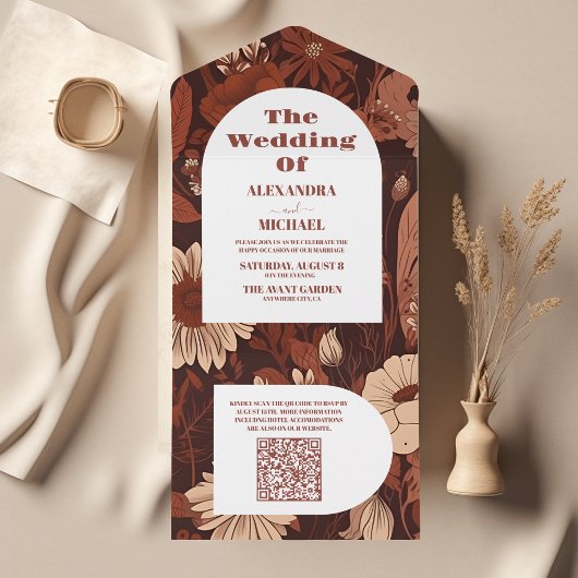 Invitation Tout En Un QR Code Bourgogne Mariage Fleur sauvage