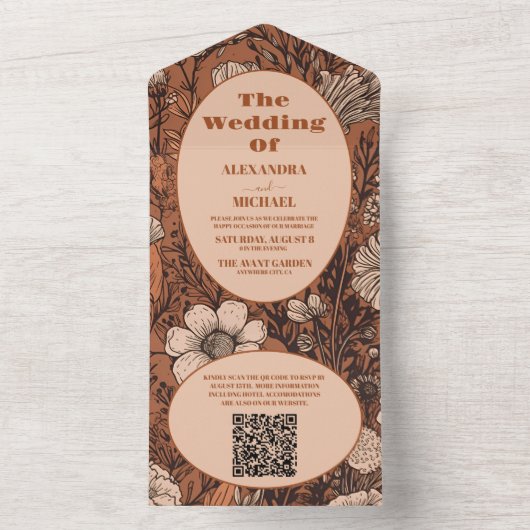 Invitation Tout En Un QR Code Burange Fleur sauvage Mariage (À l'intérieur)