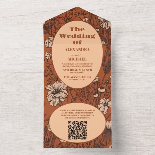 Invitation Tout En Un QR Code Burange Fleur sauvage Mariage (À l'intérieur)
