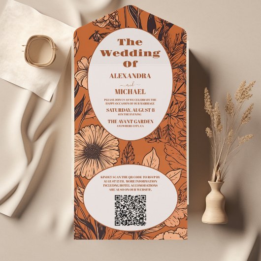Invitation Tout En Un QR Code Burange Fleur sauvage Mariage