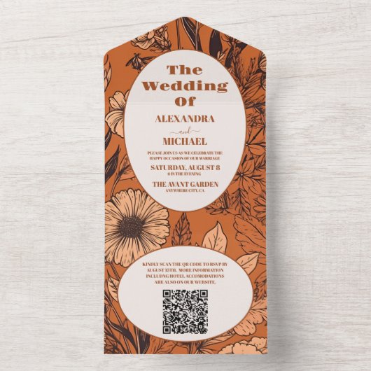 Invitation Tout En Un QR Code Burange Fleur sauvage Mariage (À l'intérieur)