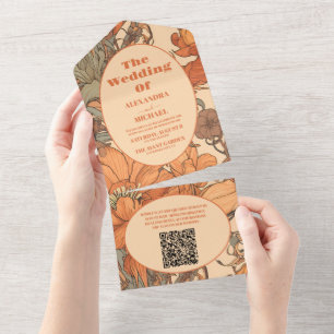 Invitation Tout En Un QR Code Burange Floral Art Nouveau Mariage