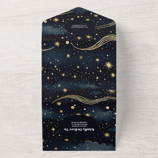 Invitation Tout En Un QR Code Celestial Midnight Blue Stars Moon Mariage (Dehors)