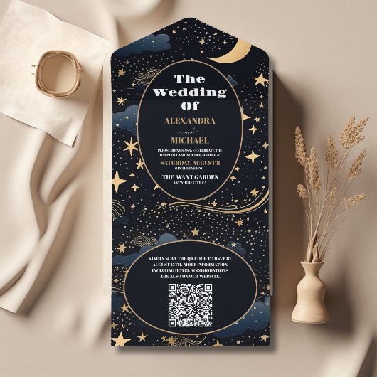 Invitation Tout En Un QR Code Celestial Midnight Blue Stars Moon Mariage