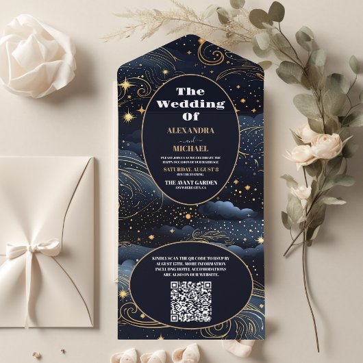 Invitation Tout En Un QR Code Celestial Midnight Blue Stars Moon Mariage