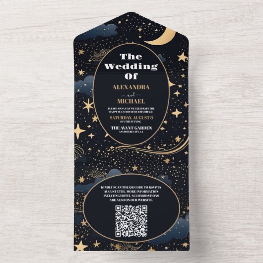 Invitation Tout En Un QR Code Celestial Midnight Blue Stars Moon Mariage (À l'intérieur)
