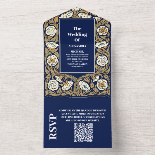 Invitation Tout En Un QR Code Classic Bleu Art Nouveau Mariage (À l'intérieur)