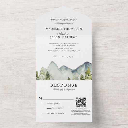 Invitation Tout En Un Qr Code Classic Mountain Forest Mariage d'aquarell (À l'intérieur)