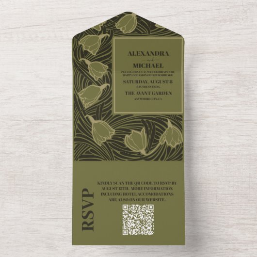 Invitation Tout En Un QR Code Classic Vert Art Nouveau Mariage (À l'intérieur)