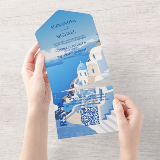 Invitation Tout En Un Qr Code Destination Grèce Santorin Mariage (Déchirure)