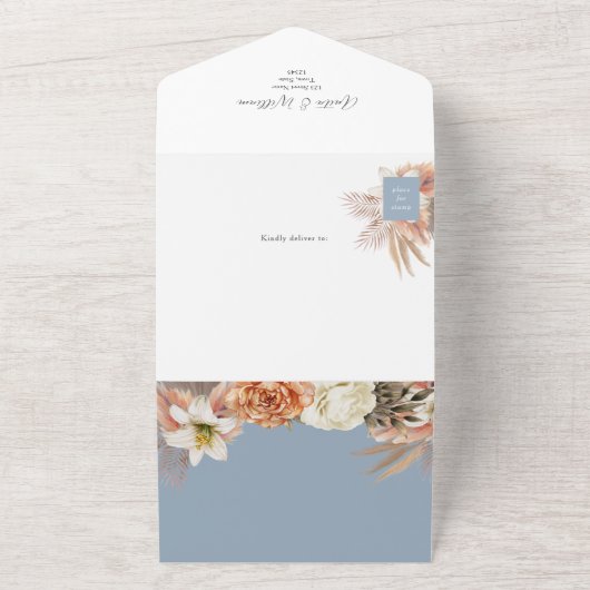 Invitation Tout En Un QR Code Dusty Blue Floral Mariage (Dehors)