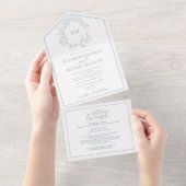 Invitation Tout En Un QR Code Dusty Blue Leafy Crest Monogram Mariage (Déchirure)