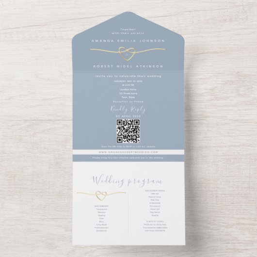 Invitation Tout En Un QR Code Dusty Blue Wedding (À l'intérieur)