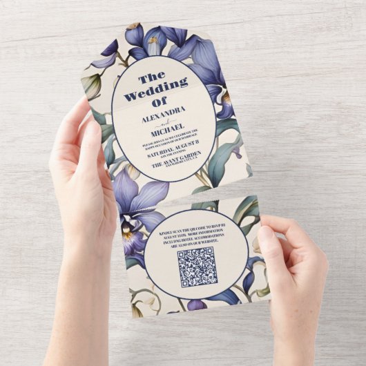 Invitation Tout En Un QR Code Elegant Aquarelle Bleu Floral Mariage (Déchirure)