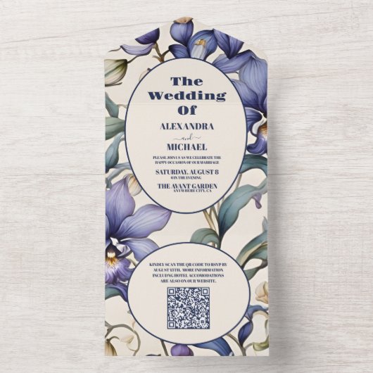 Invitation Tout En Un QR Code Elegant Aquarelle Bleu Floral Mariage (À l'intérieur)