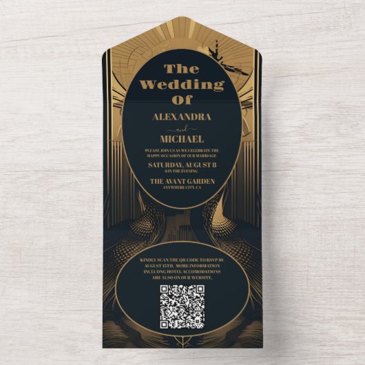 Invitation Tout En Un QR Code Elegant Art Déco Peacocks Mariage (À l'intérieur)