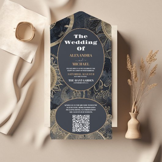 Invitation Tout En Un QR Code Elegant Mariage céleste d'or argent