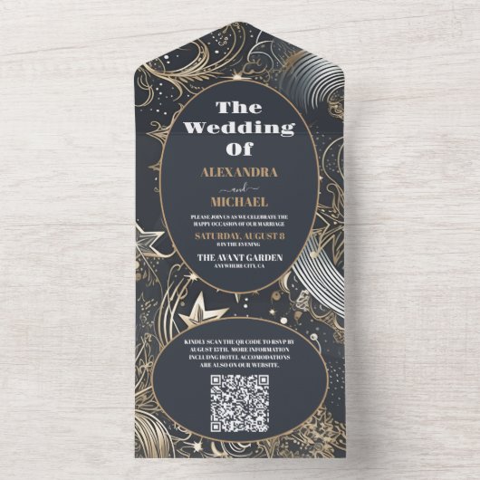 Invitation Tout En Un QR Code Elegant Mariage céleste d'or argent (À l'intérieur)