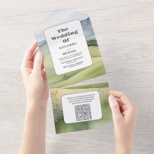Invitation Tout En Un QR Code Elegant Mountain Meadow Mariage (Déchirure)