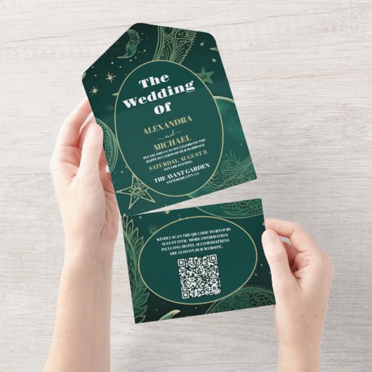 Invitation Tout En Un QR Code Emerald Green Gold CelestiMariage (Déchirure)