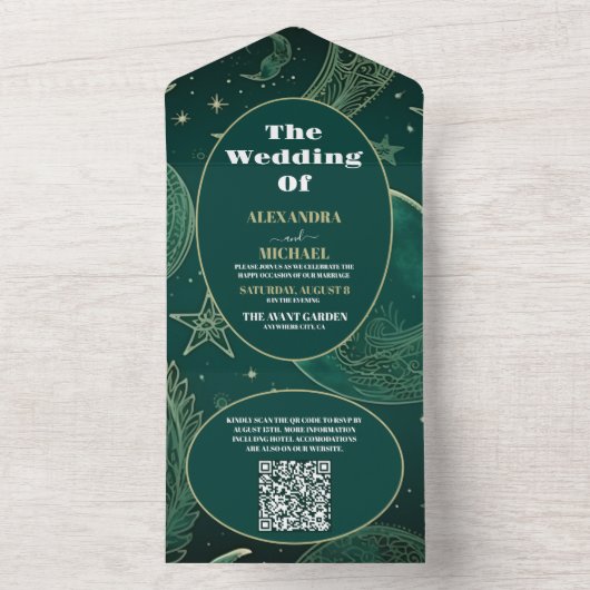 Invitation Tout En Un QR Code Emerald Green Gold CelestiMariage (À l'intérieur)