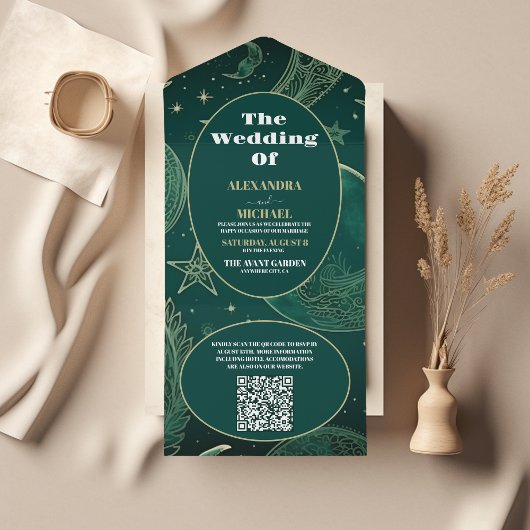 Invitation Tout En Un QR Code Emerald Green Gold CelestiMariage