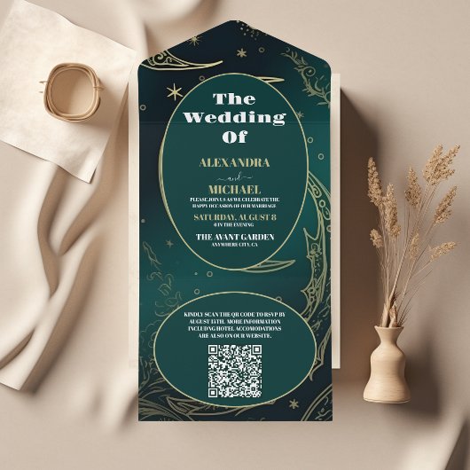 Invitation Tout En Un QR Code Emerald Green Gold CelestiMariage