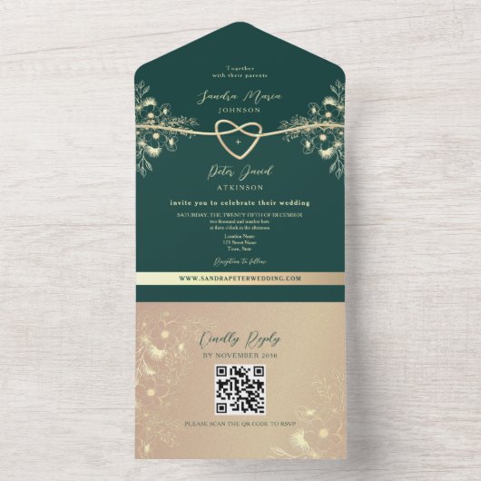 Invitation Tout En Un QR Code Emerald Green Gold Mariage (À l'intérieur)