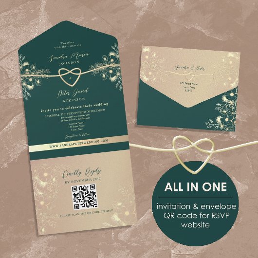 Invitation Tout En Un QR Code Emerald Green Gold Mariage