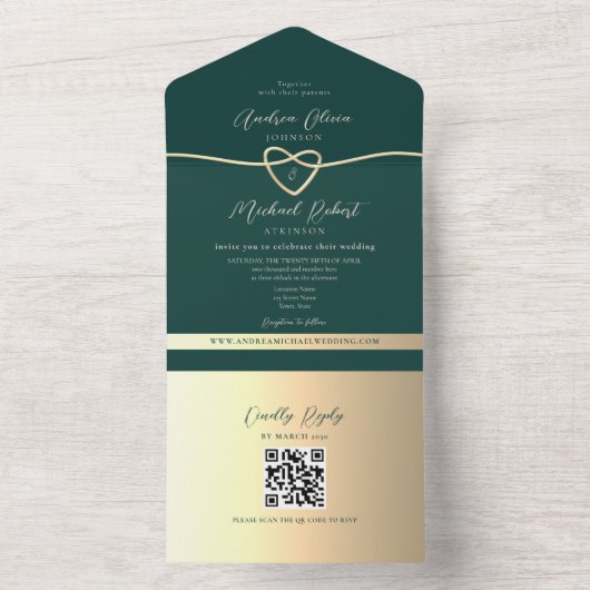 Invitation Tout En Un QR Code Emerald Green Gold Mariage (À l'intérieur)