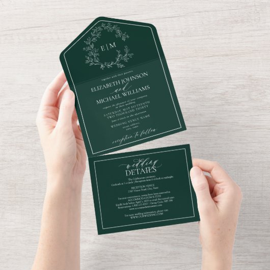 Invitation Tout En Un QR Code Emerald Green Leafer Crest Monogramme (Déchirure)
