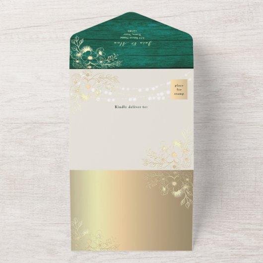 Invitation Tout En Un QR Code Emerald Rustic Gold Lights Wedding (Dehors)