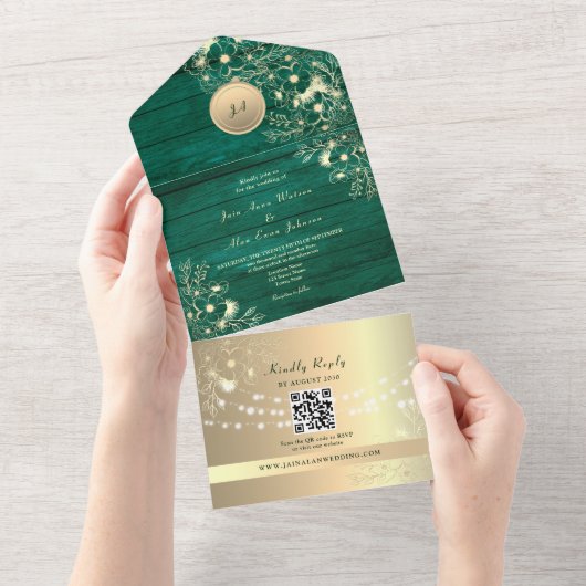 Invitation Tout En Un QR Code Emerald Rustic Gold Lights Wedding (Déchirure)