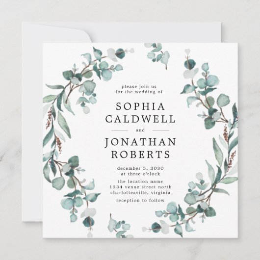 Invitation Tout en un QR Code Eucalyptus Mariage vert (Devant)