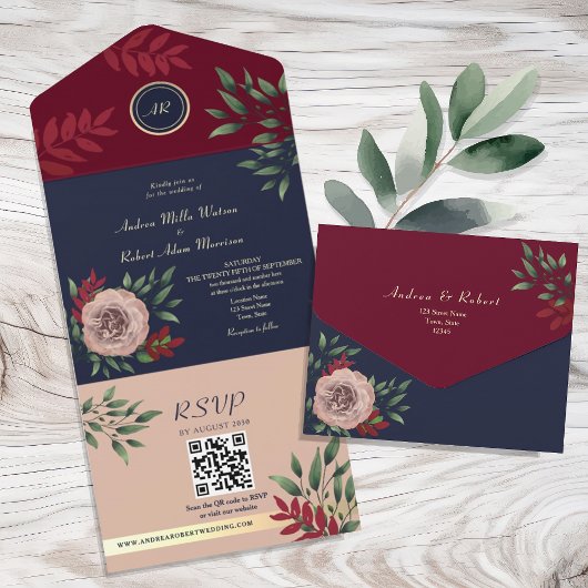 Invitation Tout En Un QR Code Fall Burgundy Mariage de la marine
