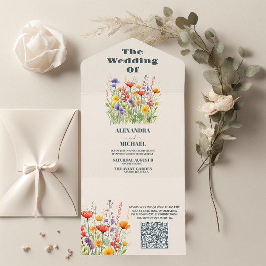 Invitation Tout En Un QR Code Fleur sauvage Mariage Boho Pays Floral