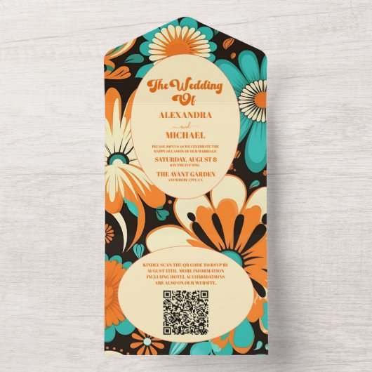 Invitation Tout En Un QR Code Floral Super Mariage rétro (À l'intérieur)