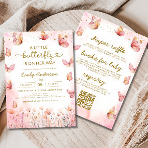 Invitation Tout en un QR Code Girl Baby shower papillon rose