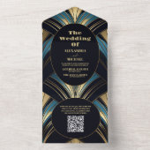 Invitation Tout En Un QR Code Glamour Bleu et or Art Déco Mariage (À l'intérieur)