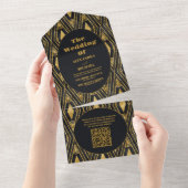 Invitation Tout En Un QR Code Glamour noir et or Art Déco Mariage (Déchirure)