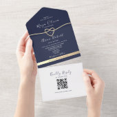 Invitation Tout En Un QR Code Gold et Mariage bleu marine (Déchirure)